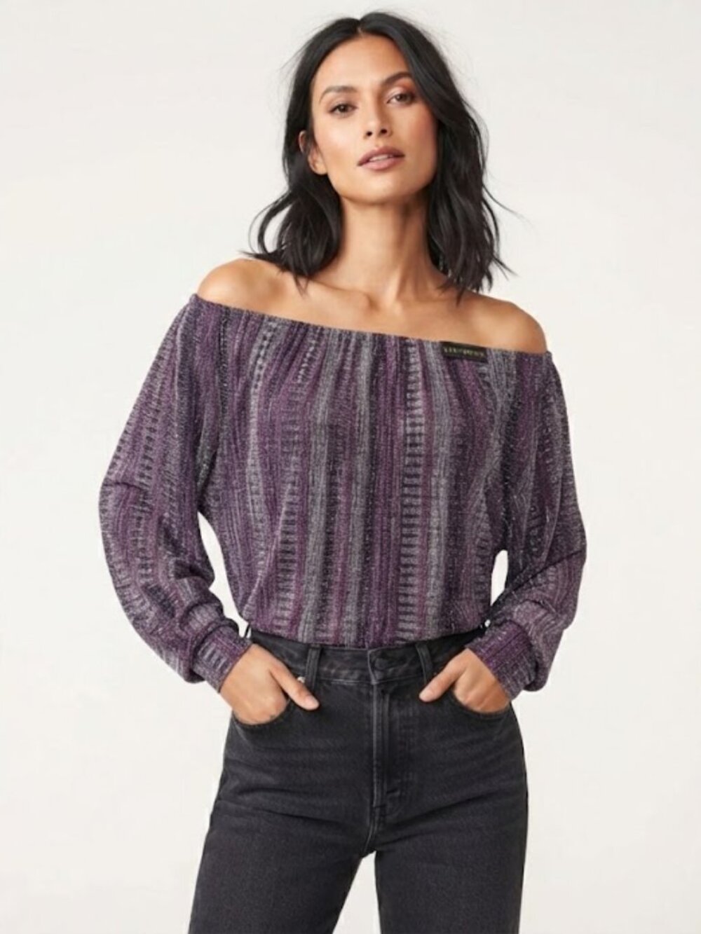 Rami Brook Purple Metallic Off-the-Shoulder Long Sleeve Knit Top Size L